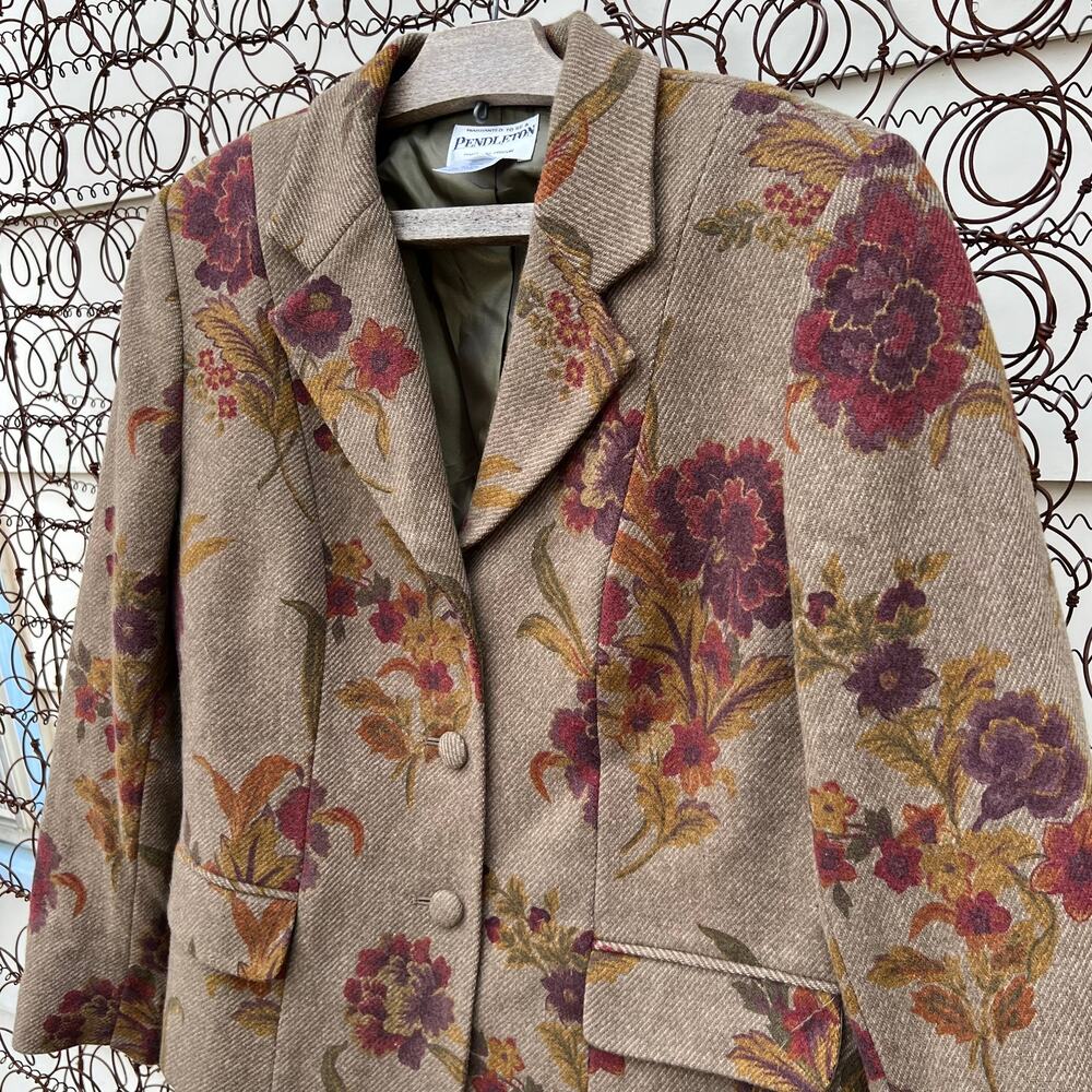 Pendleton Green Floral Leaf Fall Wool Blazer Size 10 - Picture 2 of 7